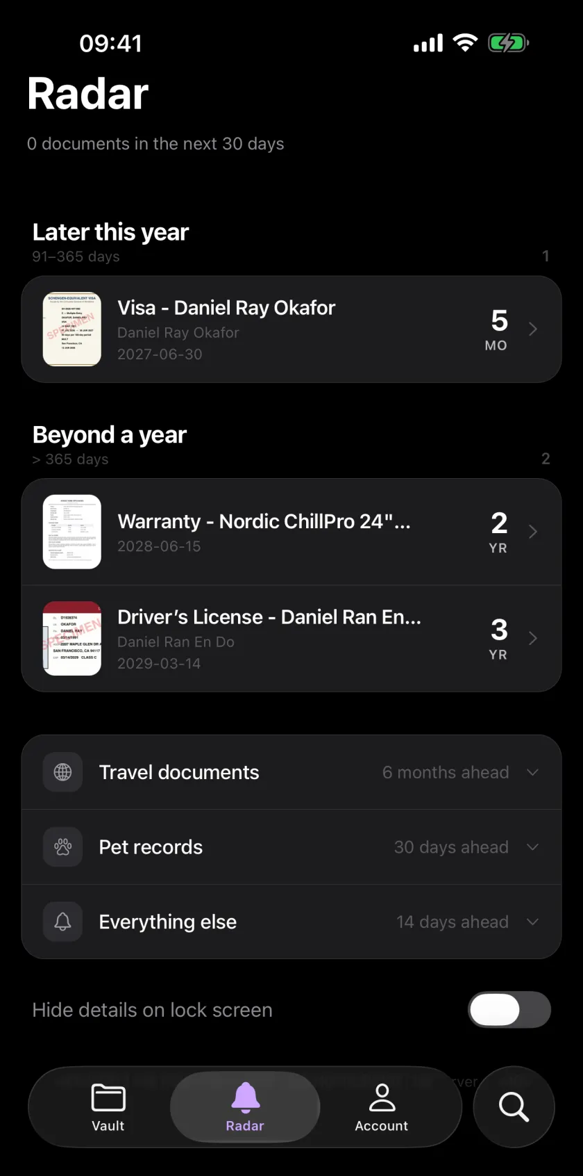 Filum’s Radar screen: a visa expiring in 5 months under “Later this year”, a warranty and a driver’s licence under “Beyond a year”, and per-category lead times for travel documents, pet records, and everything else.