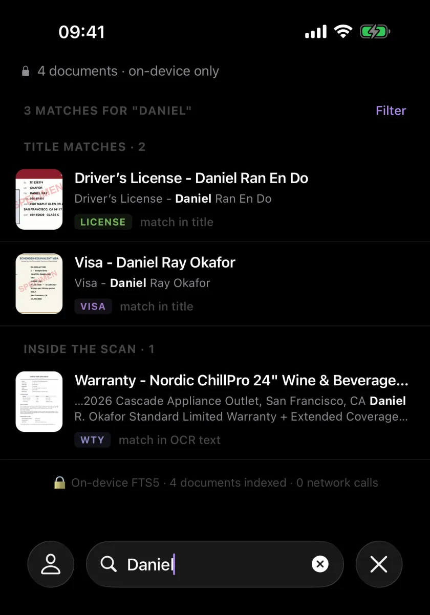 Searching “Daniel” in Filum: two title matches and one match found inside a scanned warranty’s text, footed by “On-device FTS5 · 4 documents indexed · 0 network calls”.