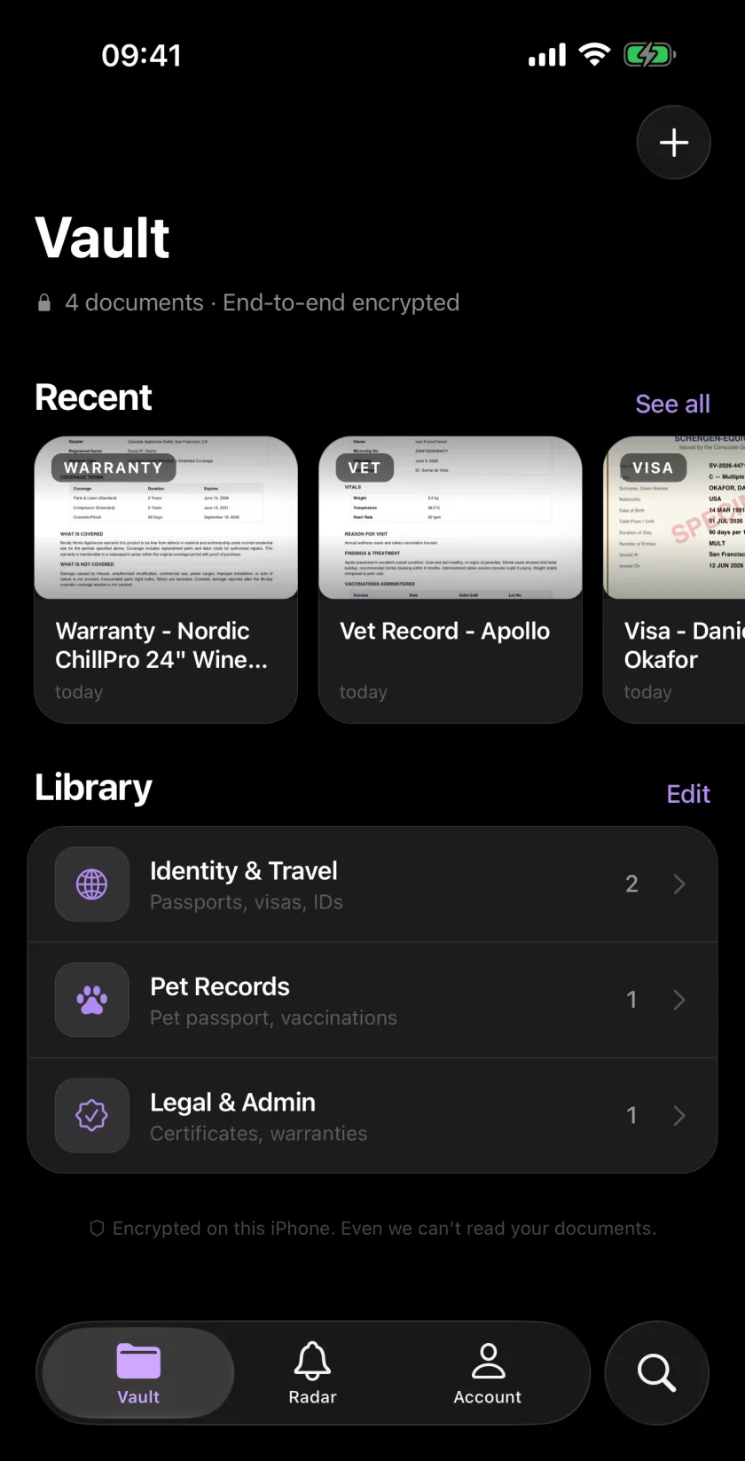 The Filum vault on iPhone: four documents in a Recent row, then a library sorted into Identity & Travel, Pet Records, and Legal & Admin — footed by the line “Encrypted on this iPhone. Even we can’t read your documents.”